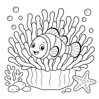 Poisson-clown dans une actinie — coloriage