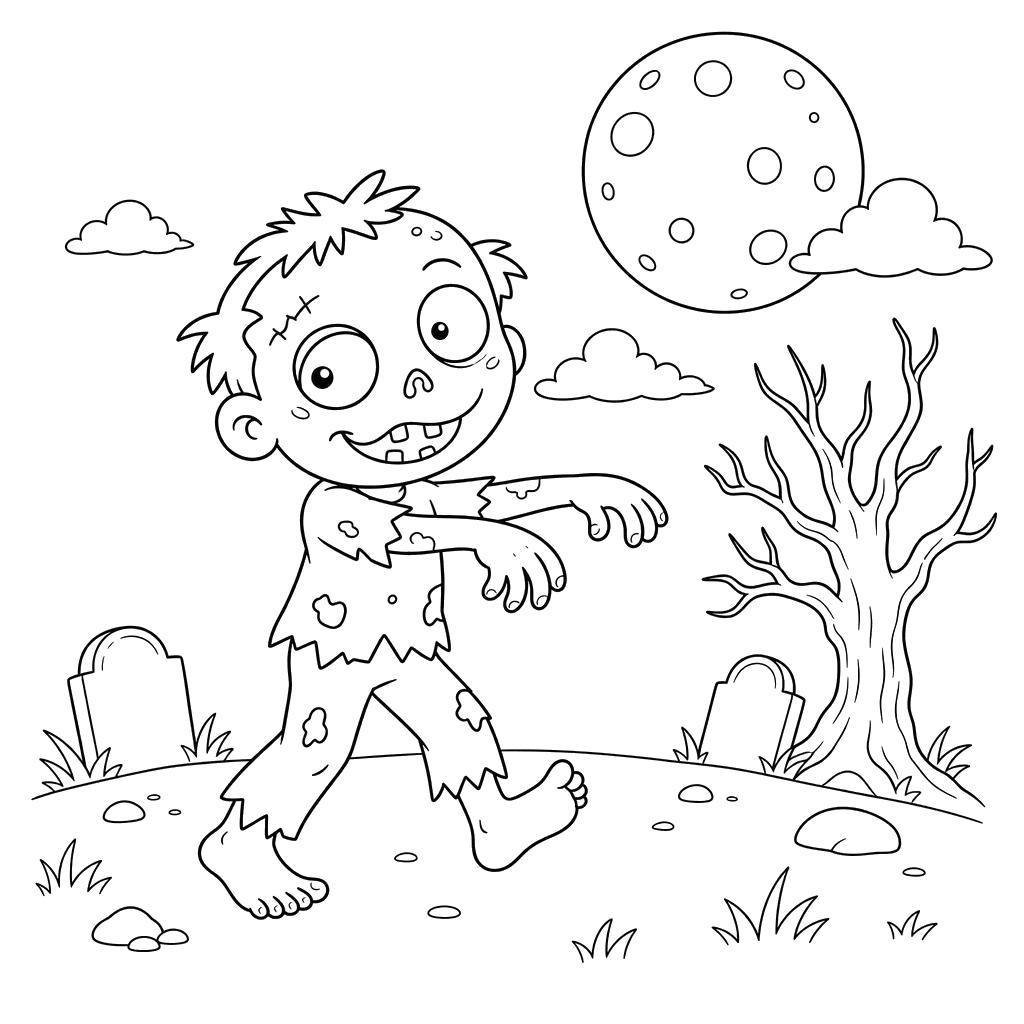 Coloriage Zombie Maladroit sous la Pleine Lune