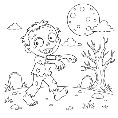 Ausmalbild Tollpatschiger Zombie unter dem Vollmond