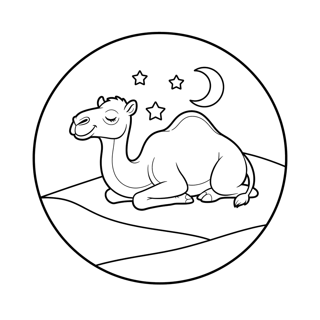Página para colorear "Camello dormido bajo las estrellas"