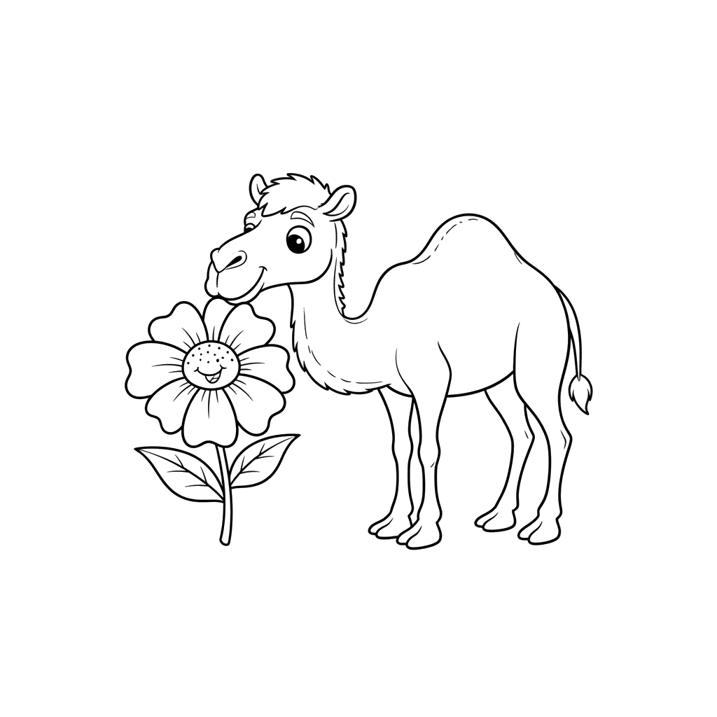 Malvorlage: Kamel schnuppert Wüstenblume