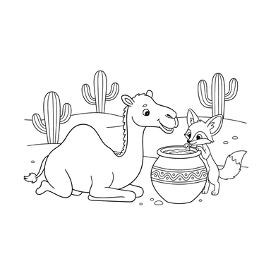 Kamel und Wüstenfuchs teilen Wasser