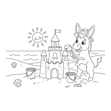Burro construyendo un castillo de arena Página para colorear