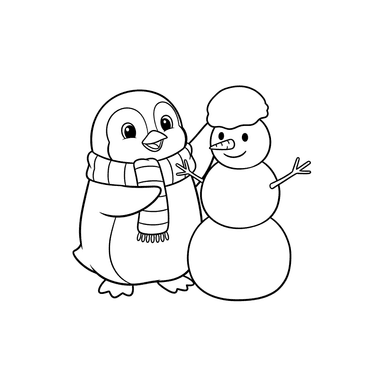 Pinguin Baut Schneemann Malvorlage