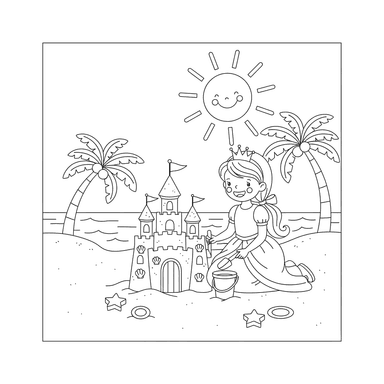 Prinzessin baut Sandburg am Strand