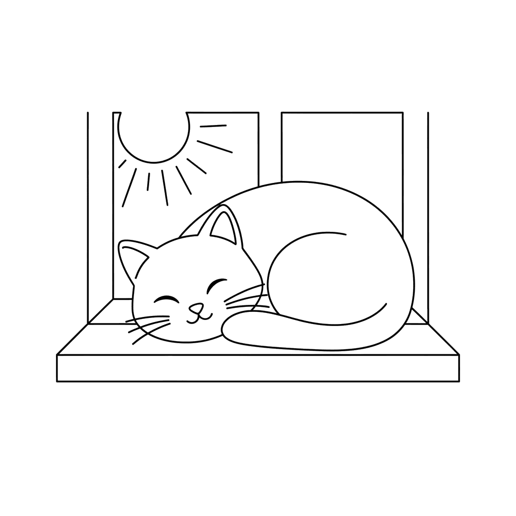 Katze schläft auf sonnigem Fensterbrett – Malvorlage