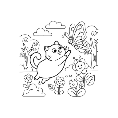 Gato y Mariposa en Jardín Primaveral