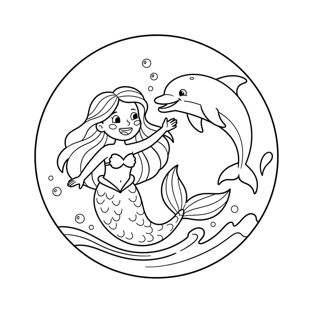 Mermaid and Dolphin Coloring Page