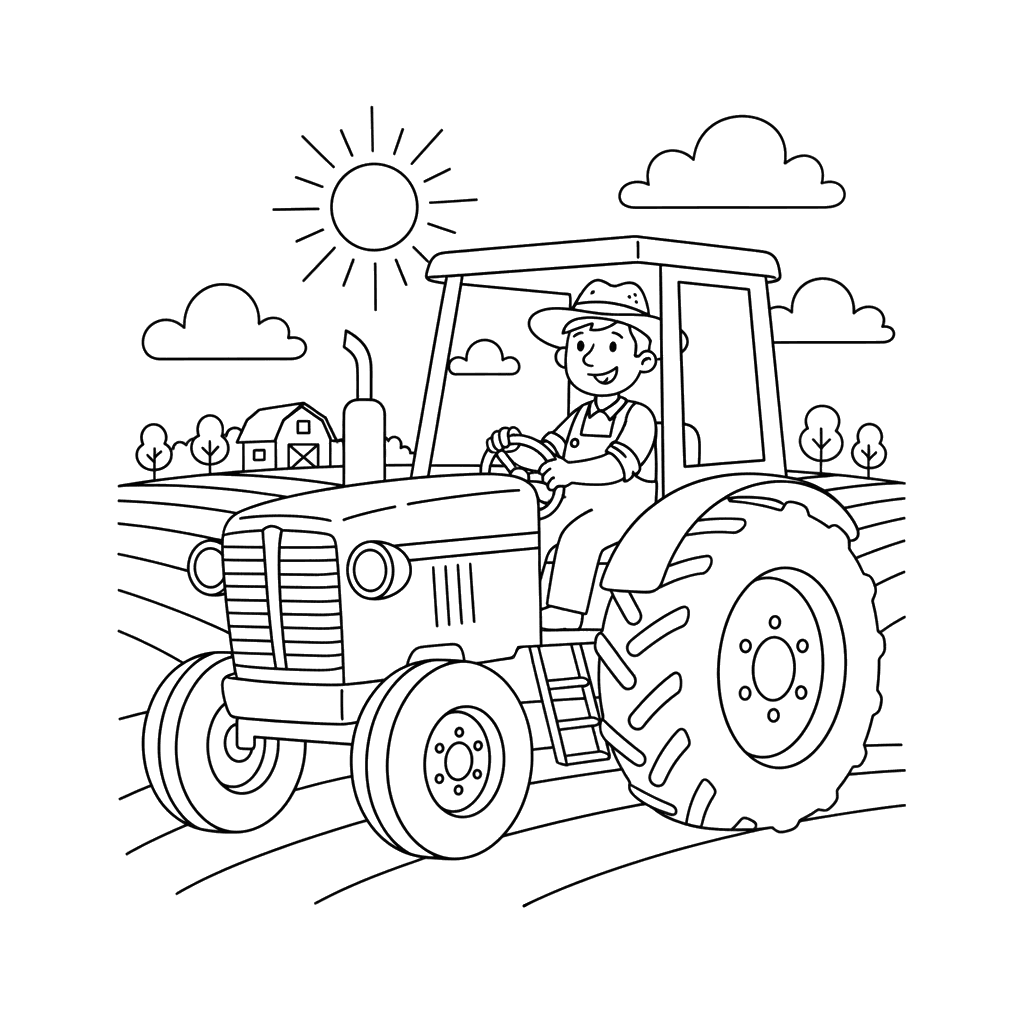 Dibujo para Colorear: Granjero en Tractor Rojo