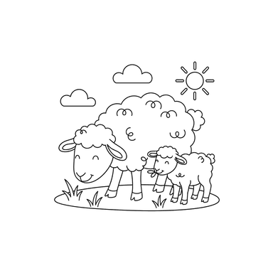 Dibujo para Colorear de Oveja Amistosa y su Cordero Pastando