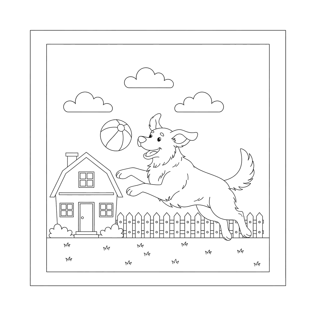 Ausmalbild: Hund jagt Ball am Bauernhof