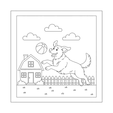 Dibujo para colorear: Perro persiguiendo una pelota en la granja