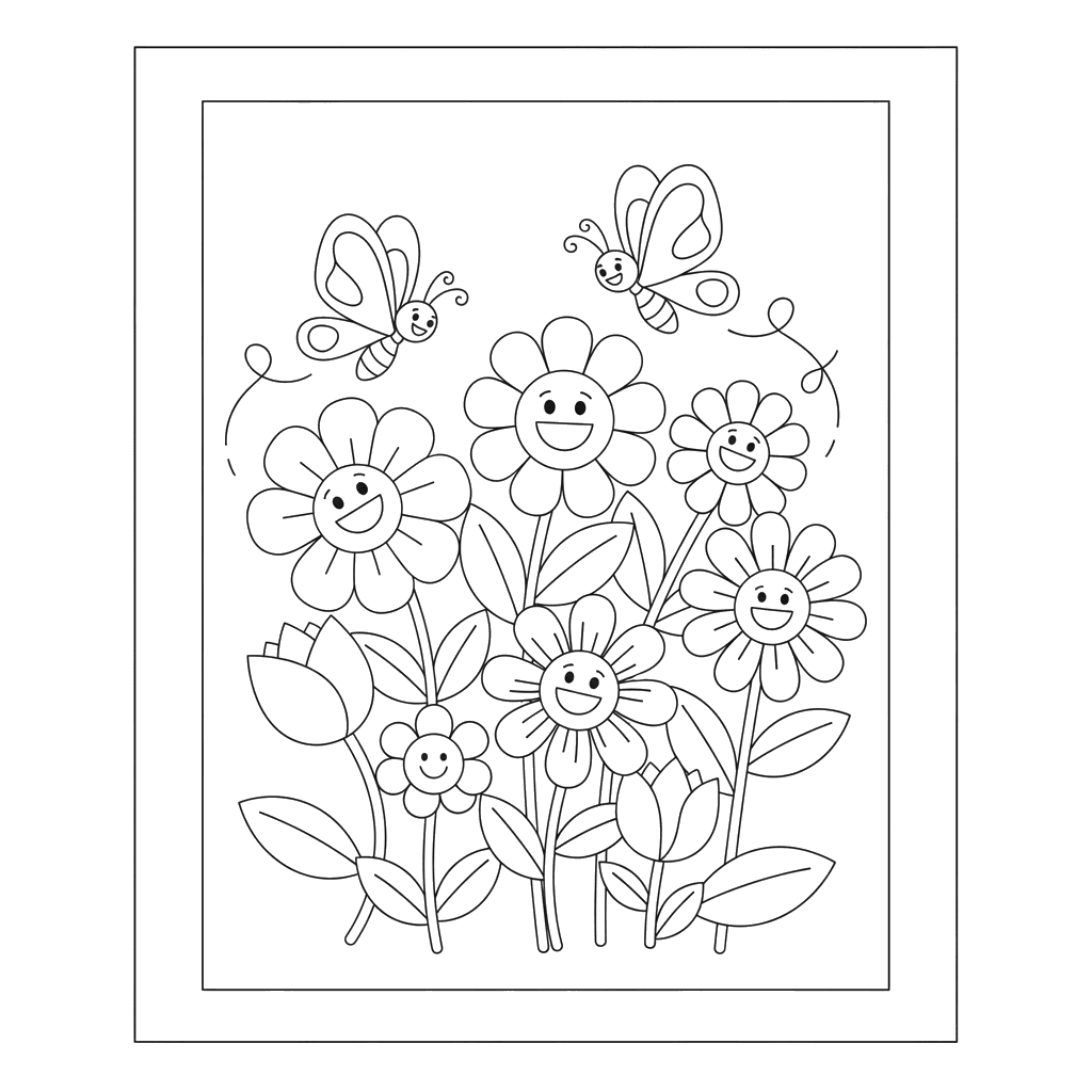 Malvorlage Schmetterlinge und Bauernhofblumen