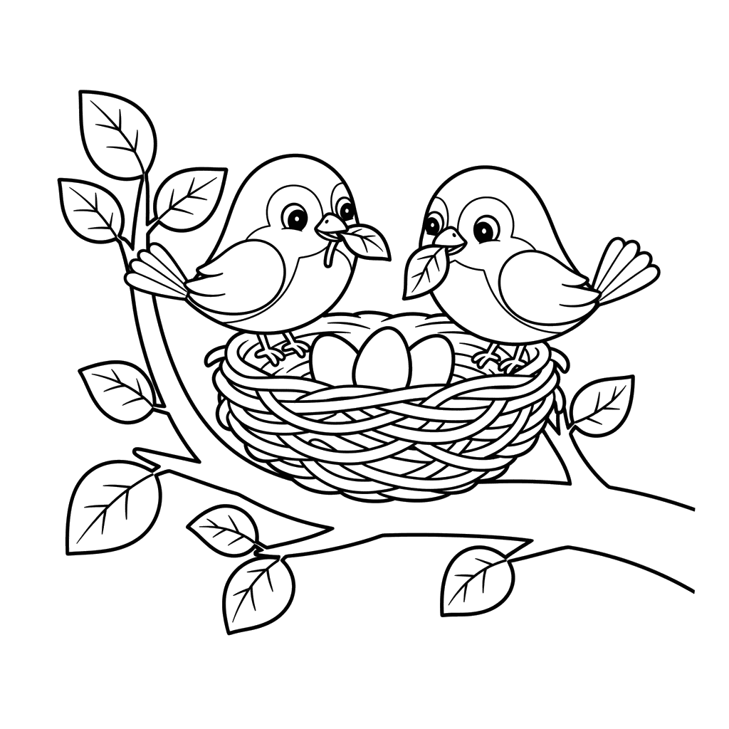 Ausmalbild Vögel bauen ein Nest