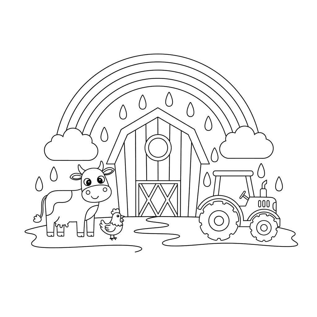 Ausmalbild "Regenbogen über der Farm"