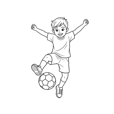 Ausmalbild: Glückliches Kind tritt Fussball