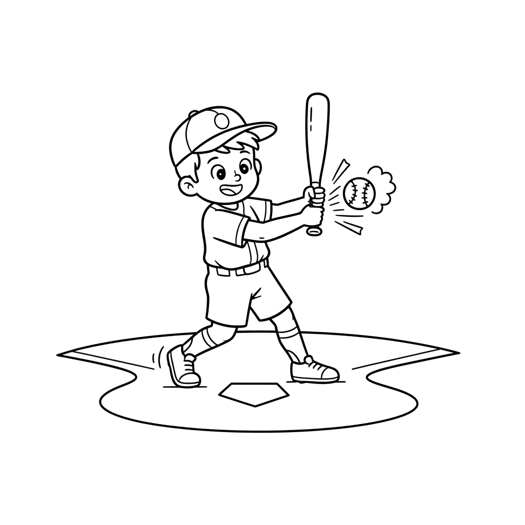Ausmalbild Junge beim Baseballschlag