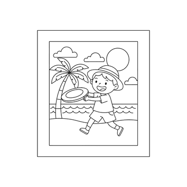 Ausmalbild Kind wirft Frisbee am Strand
