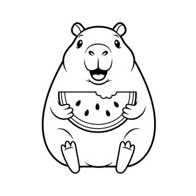 Happy Capybara Eating Watermelon Coloring Page
