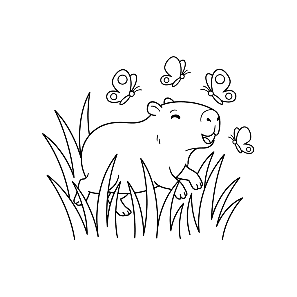 Verspieltes Wasserschwein jagt Schmetterlinge Ausmalbild