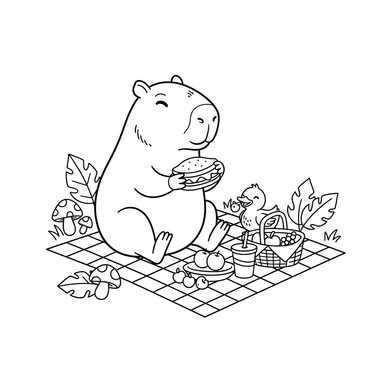 Coloriage Capybara et Canard en Pique-nique pour Enfants