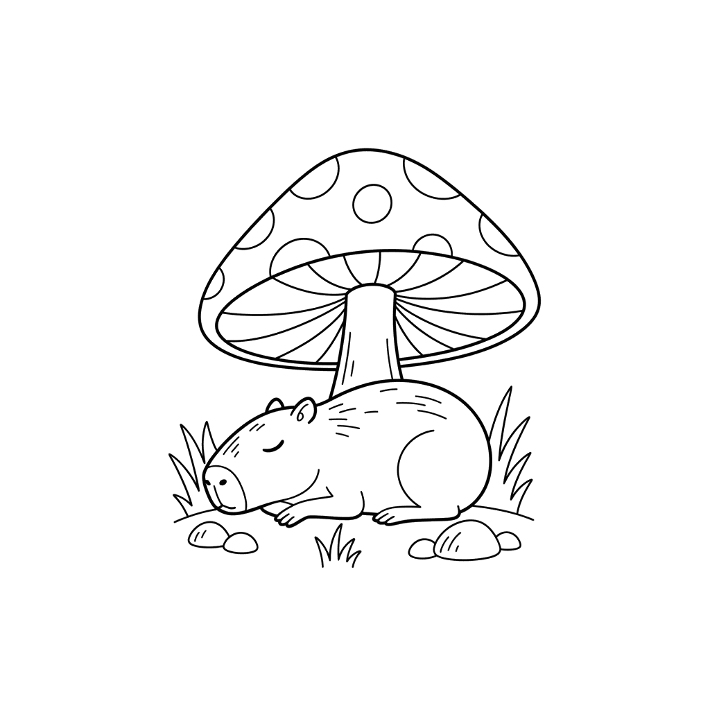 Ausmalbild Schlafendes Capybara unter einem Pilz