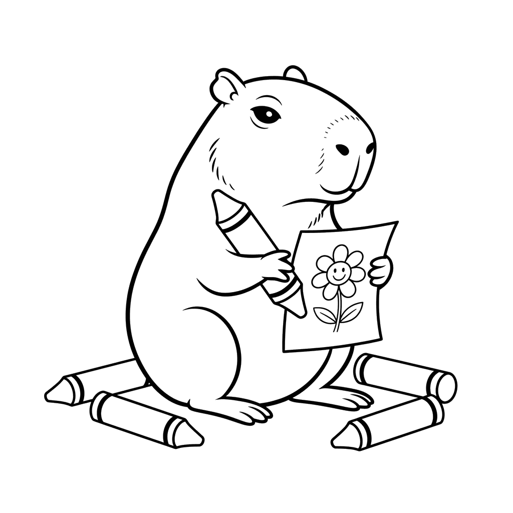 Kreatives Capybara malt mit Buntstiften Ausmalbild