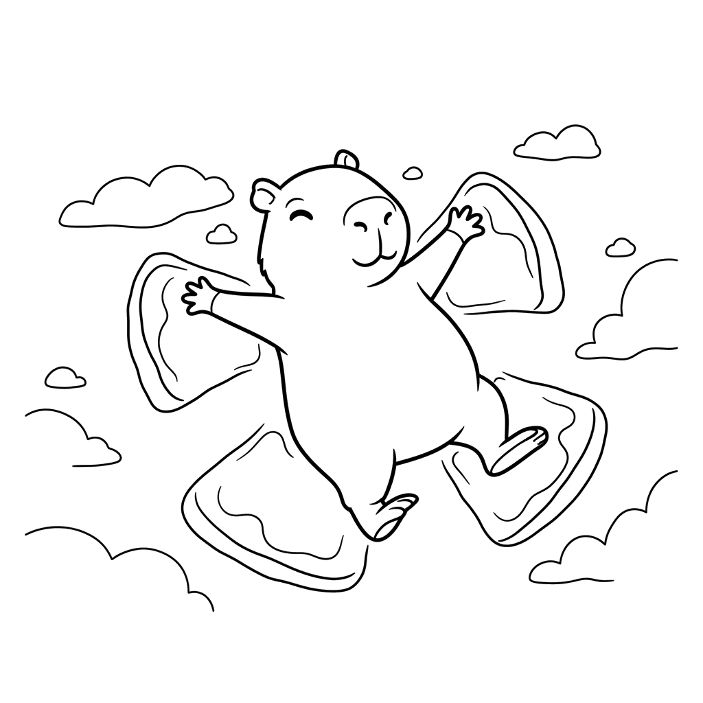 Happy Capybara Snow Angel Coloring Page