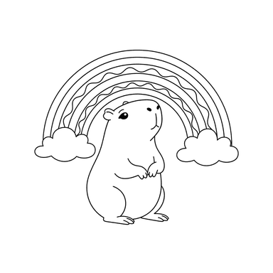 Ausmalbild: Nachdenkliches Capybara und Regenbogen