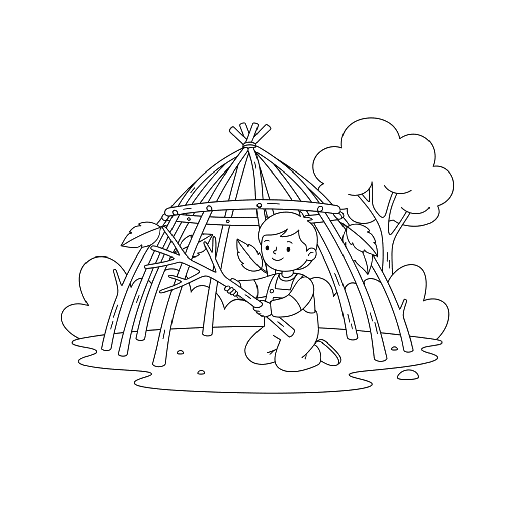 Ausmalbild: Hütte aus Ästen bauen