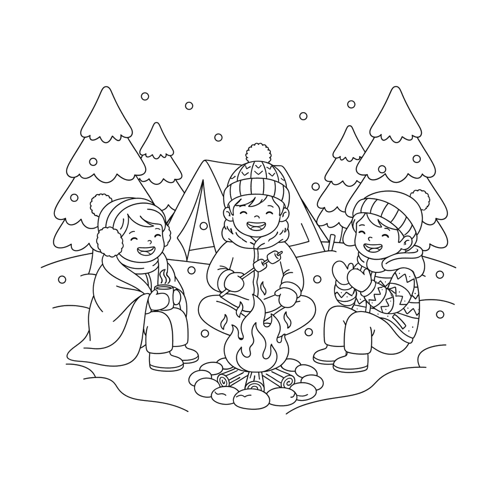 Gemütliches Winterlagerfeuer Ausmalbild