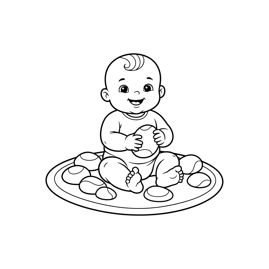 Ausmalbild: Baby spielt mit Flusssteinen