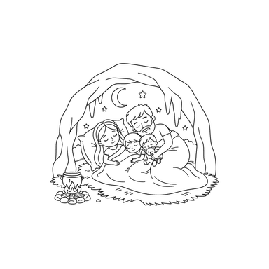 Dibujo para colorear: Familia durmiendo plácidamente en una cueva