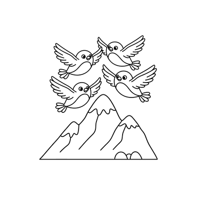 Ausmalbild: Farbenfrohe Vögel über einem Berg