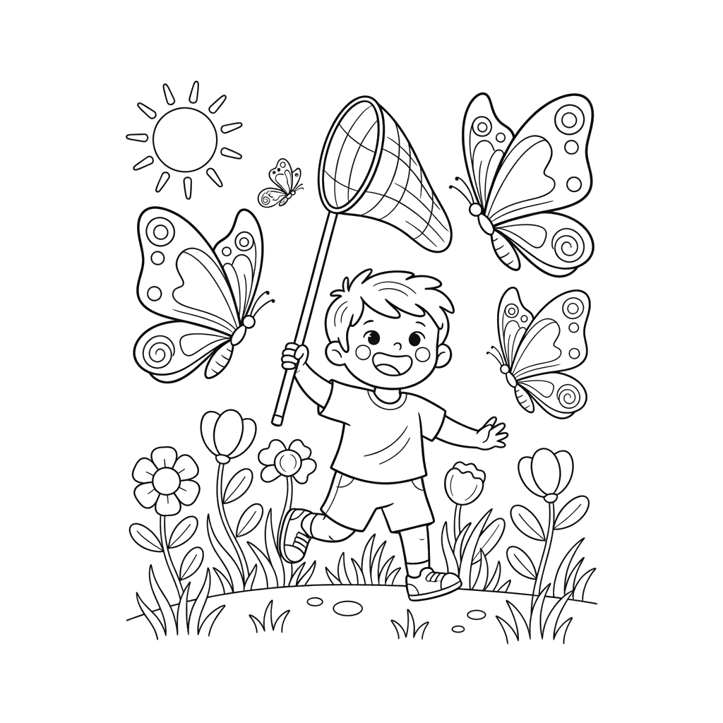 Ausmalbild "Schmetterlingsjagd" für Kinder