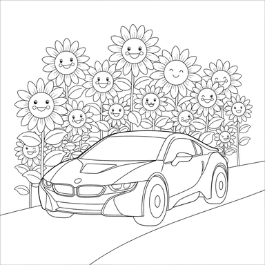 Ausmalbild: BMW Auto im Sonnenblumenfeld