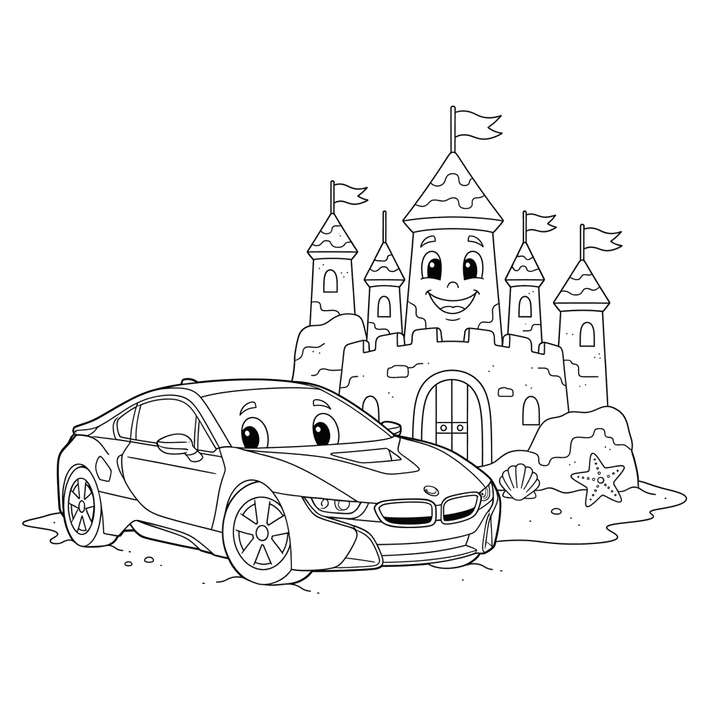Dibujo para colorear de Coche BMW y Castillo de Arena Gigante