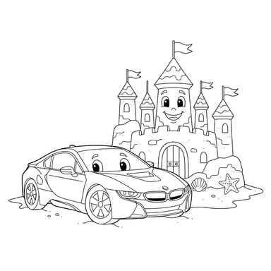 BMW Auto und Riesige Sandburg Ausmalbild für Kinder
