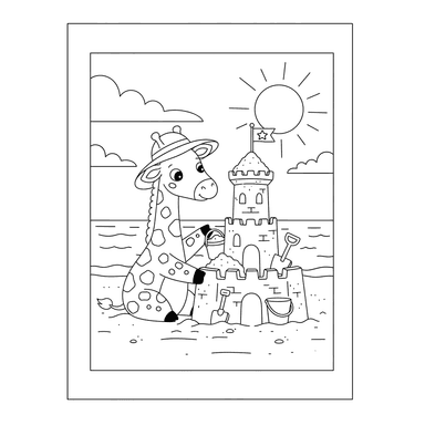 Giraffe Making a Sandcastle on the Beach Coloring Page