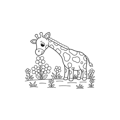 Coloriage Girafe cueillant des fleurs