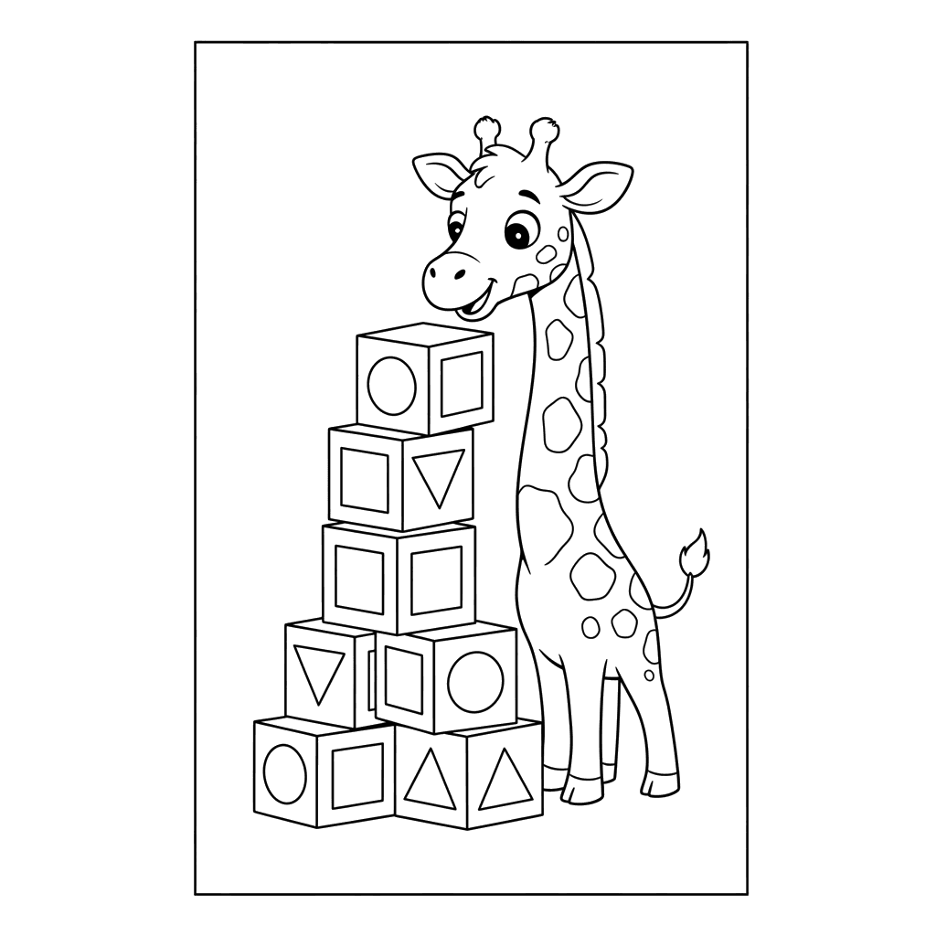 Ausmalbild Giraffe baut einen hohen Turm mit Bauklötzen