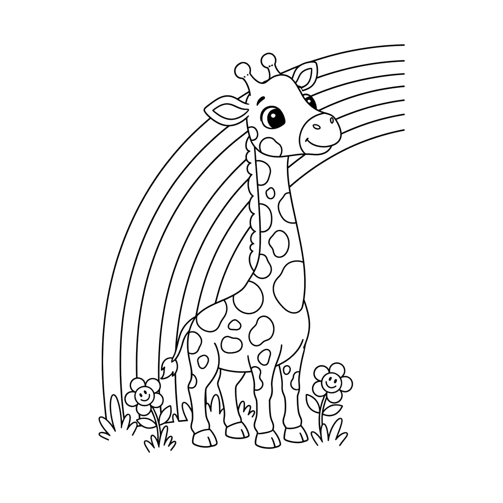 Giraffe and Rainbow Coloring Page for Kids