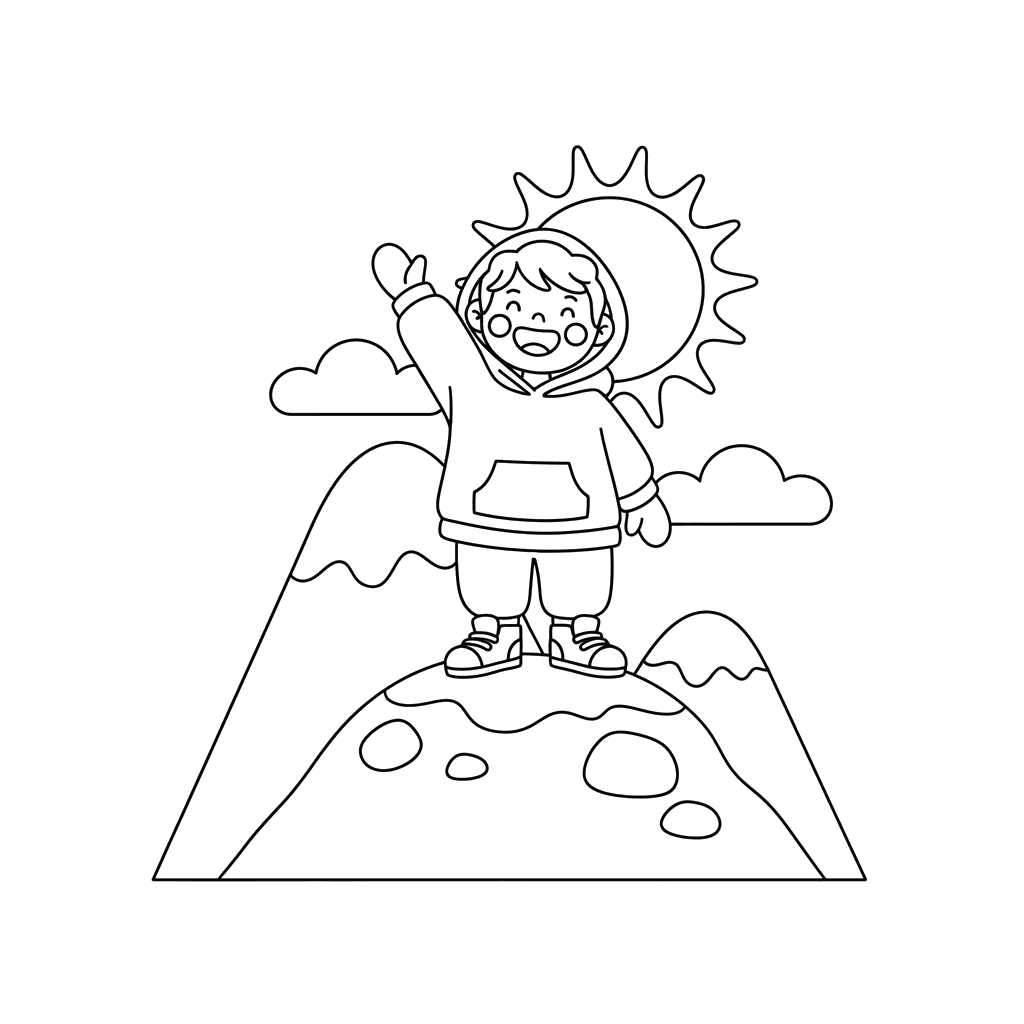 Coloriage "Enfant heureux agitant la main du sommet de la montagne"