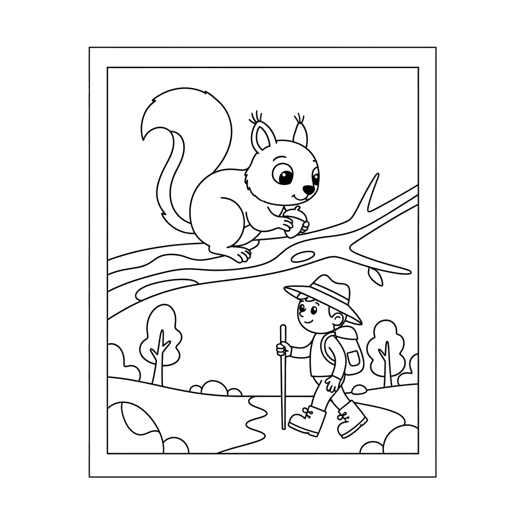 Coloriage "Écureuil Curieux et Randonneur"