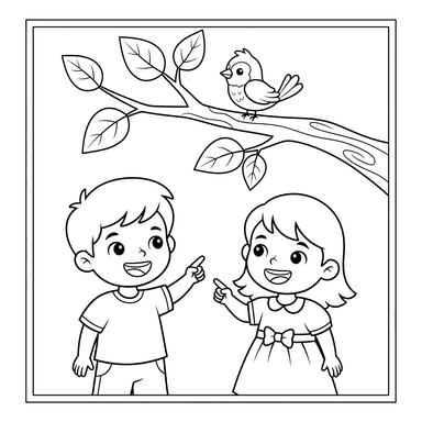 Coloriage: Enfants Observant un Oiseau Coloré