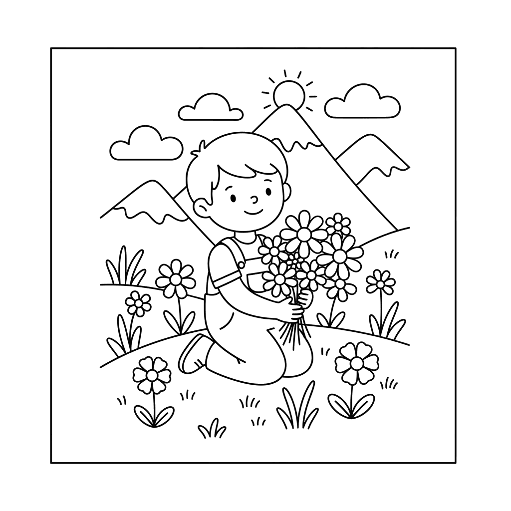Dibujo para Colorear Niño Recogiendo Flores Silvestres