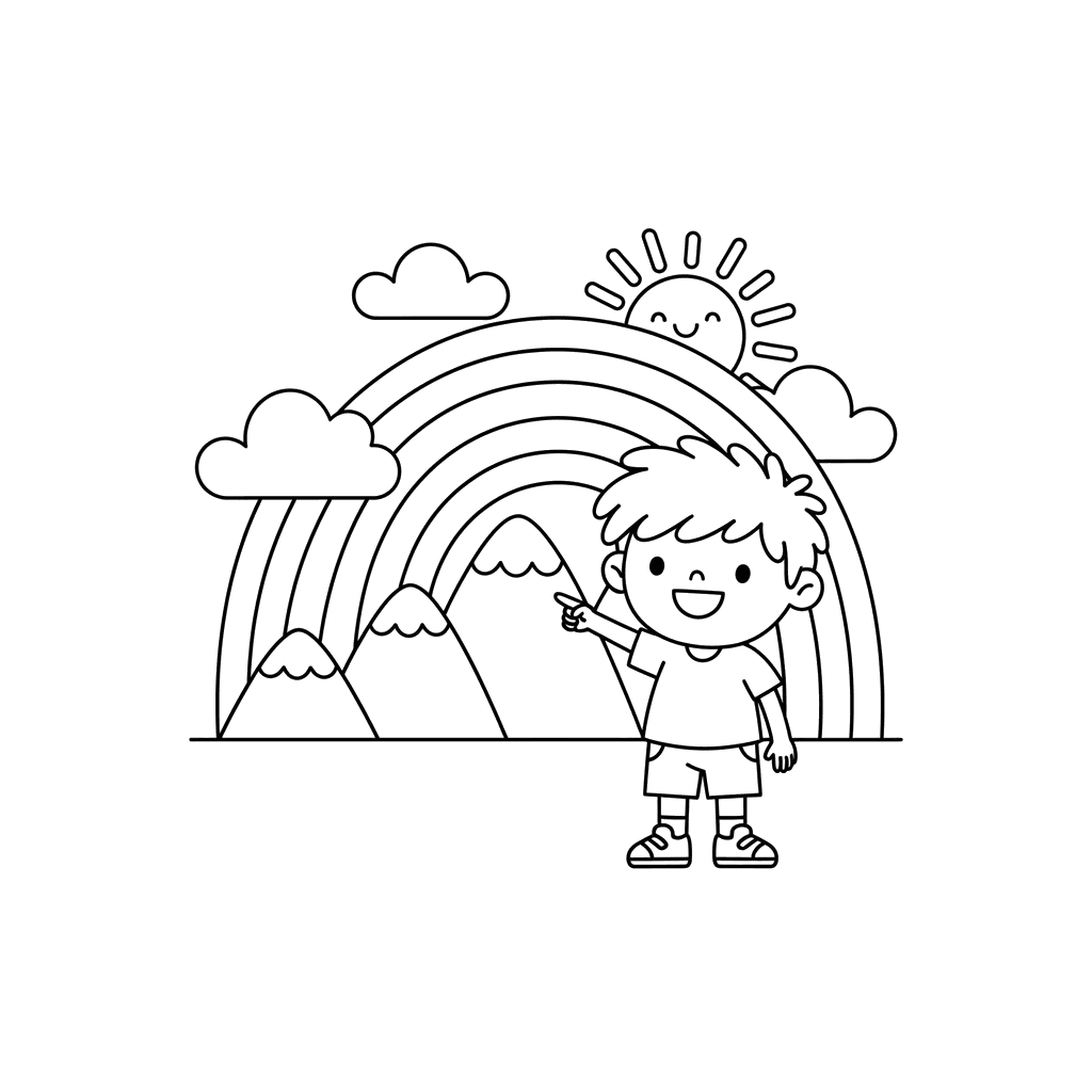 Coloriage Enfant Pointant un Arc-en-ciel au-dessus des Montagnes