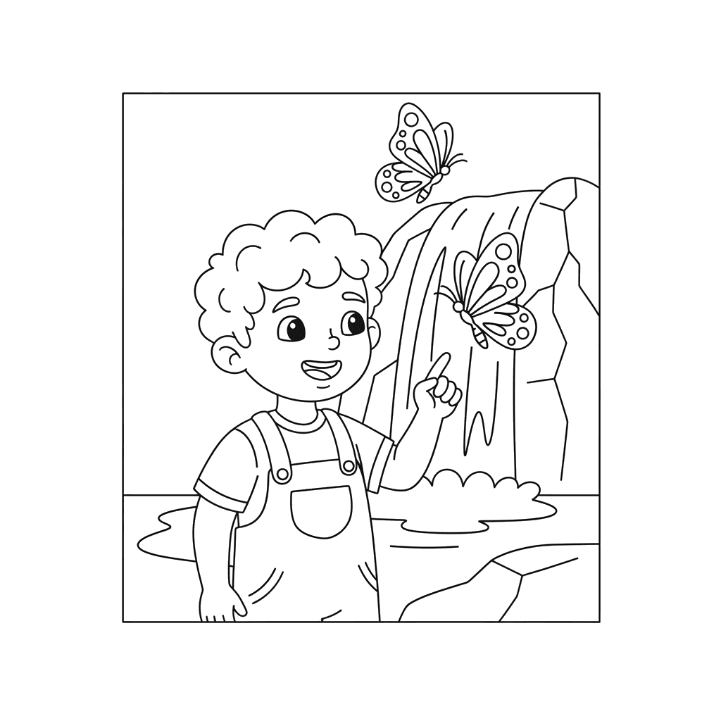 Dibujo para Colorear: Niño, Mariposas y Cascada de Montaña
