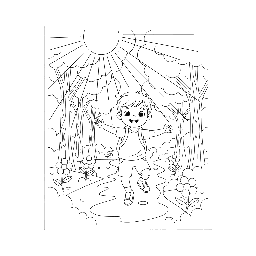 Ausmalbild: Kind springt auf sonnigem Waldweg