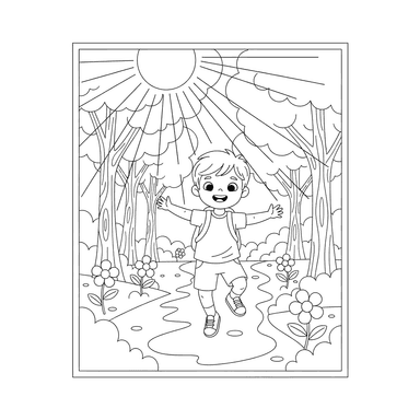Coloriage: Enfant sautant sur un chemin forestier ensoleillé